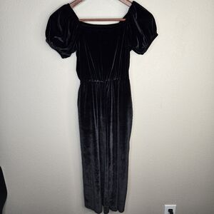 Nordstrom Kids Stretch Velour Romper Big Kid Black Velvet Puff-Sleeve Size 10/12